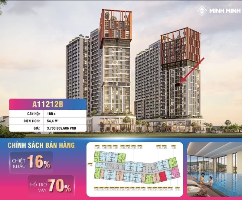 Nhà 12 tầng 54.4m² mặt tiền 6m A1.1212B SUN CORA TOWER, Cẩm Lệ — mặt tiền đường lớn, tiềm năng tăng giá, có dòng tiền, hồ bơi