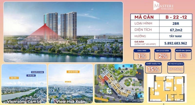 Căn hộ 67.2m² B2212 MASTERI RIVERA DANANG, Sơn Trà — mặt tiền đường lớn, ô tô đỗ cửa