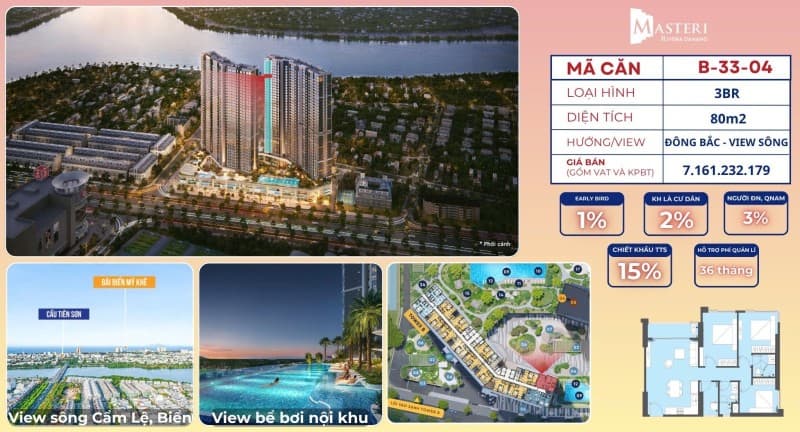 Căn hộ 80m² B3304 MASTERI RIVERA DANANG, Sơn Trà — mặt tiền đường lớn, ô tô đỗ cửa, view đẹp