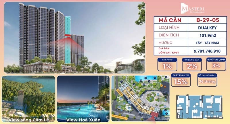 Căn hộ 101.9m² B2905 MASTERI RIVERA DANANG, Sơn Trà — mặt tiền đường lớn, ô tô đỗ cửa