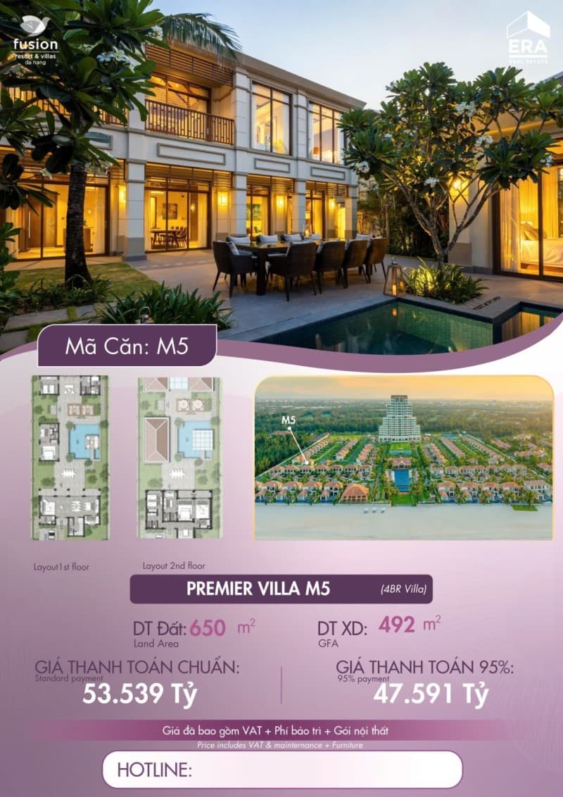 Nhà 2 tầng 650m² mặt tiền 21.6m M5 FUSION RESORT & VILLA DA NANG đường Trường Sa, Ngũ Hành Sơn — gần biển, mặt tiền đường lớn, ô tô đỗ cửa, tiềm năng tăng giá