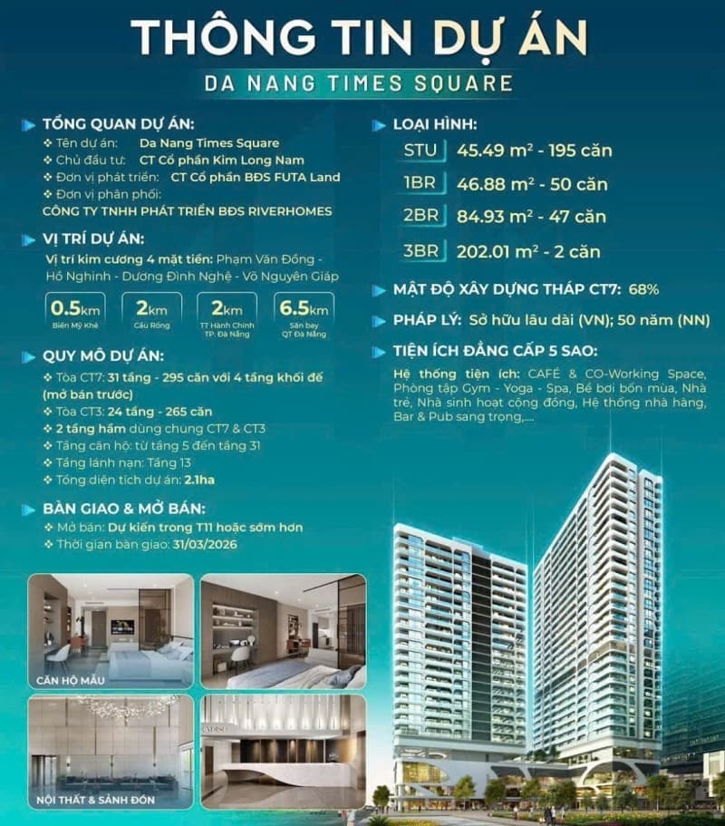 Căn hộ 45.3m² CT7.B2804 TIMES SQUARE, Sơn Trà — gần biển, mặt tiền đường lớn, ô tô đỗ cửa, tiềm năng tăng giá