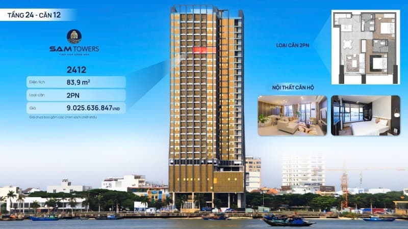 Căn hộ 83.9m² 2412 CC SAM TOWER 143 Như Nguyệt, Hải Châu — mặt tiền đường lớn, ô tô đỗ cửa, tiềm năng tăng giá, có dòng tiền